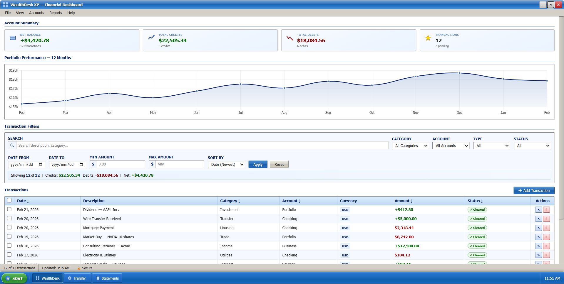 WealthDesk XP metrics panel